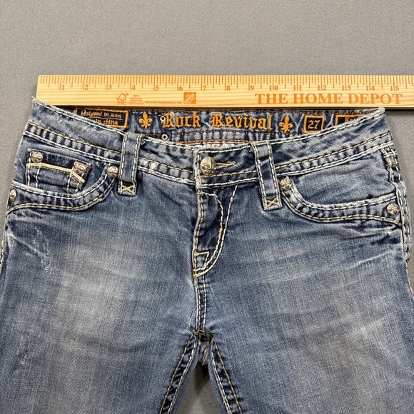 Rock Revival Jeans Kelly Boot 27 Thick Stitch Whiskering Embroidered Pockets - Picture 9 of 10